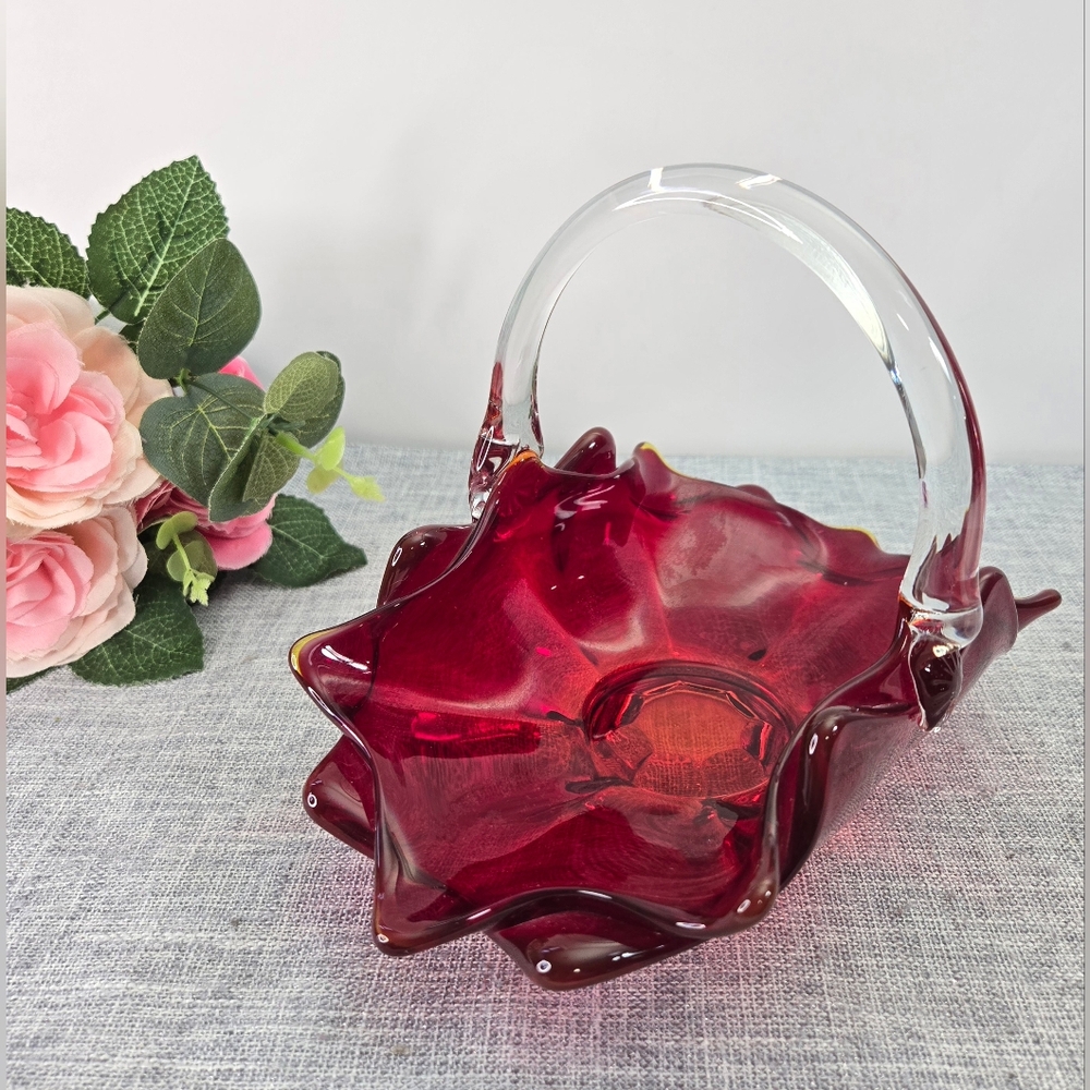 Rare Vintage Viking Ruby Red Basket Double Layered & Clear Handle